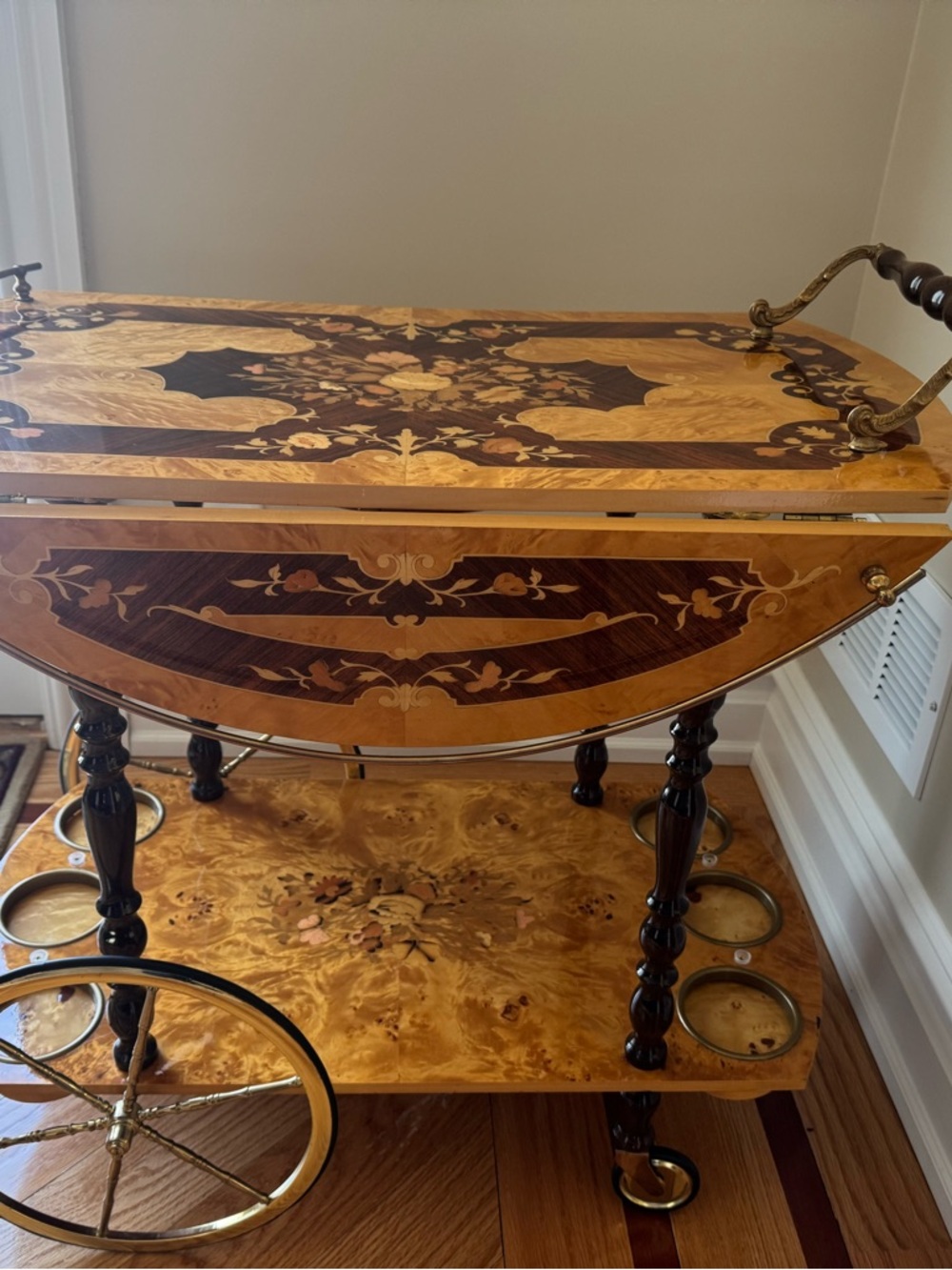 Antique-Style Marquetry Tea Cart in Warm Wood Finish